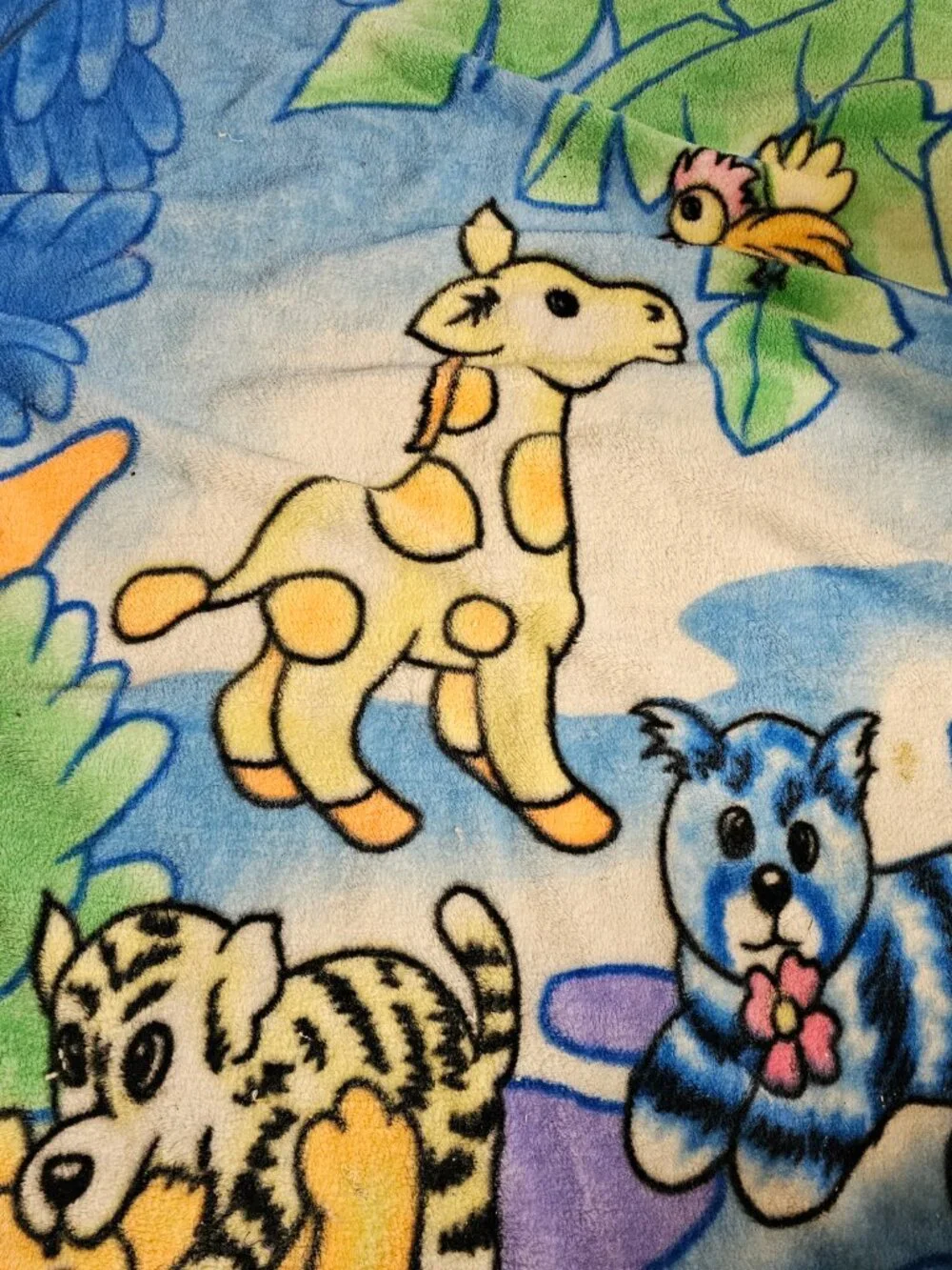 Vintage Blue Green Jungle Plush Baby Blanket Cat Giraffe Tiger Bird ANNS Trading